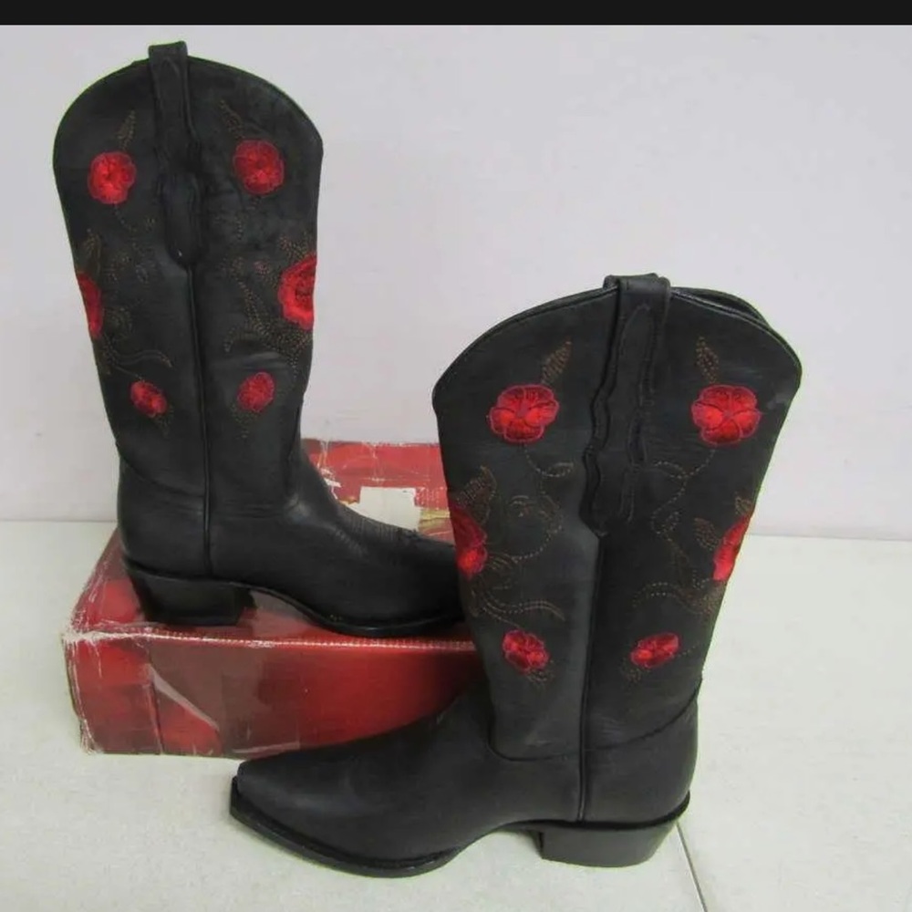 El General Women's 9.5 Zapateria Diana Red Flowered Black Western cowboy Boots